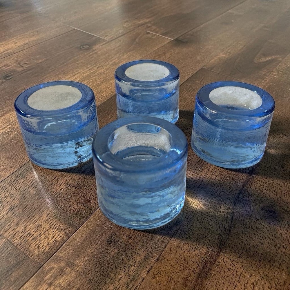 Crate & Barrel Block Glass Tea Light Holders Blue Glass Made in Thailand - 4